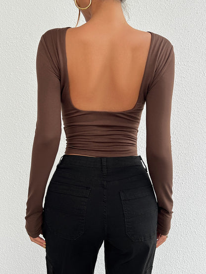 Backless Round Neck Long Sleeve T-Shirt | Chic & Effortless Style