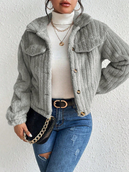 Title: Fuzzy Button-Up Collared Neck Jacket | Cozy & Stylish Outerwear