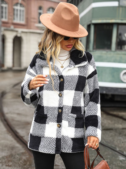 Plaid Collared Neck Button-Down Jacket | Trendy & Cozy Outerwear
