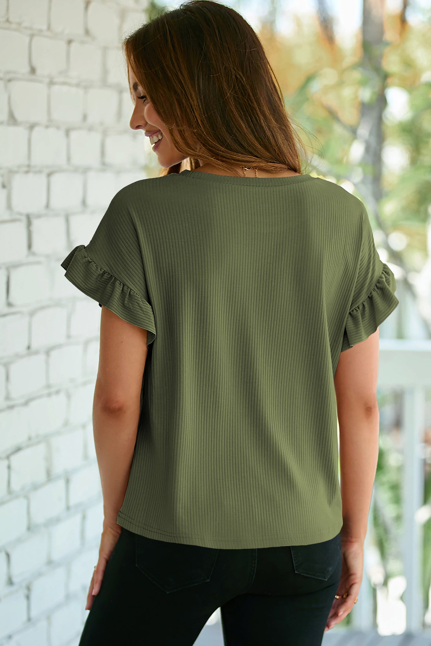 Blackish Green Solid Color Ribbed Ruffled Short Sleeve T Shirt
