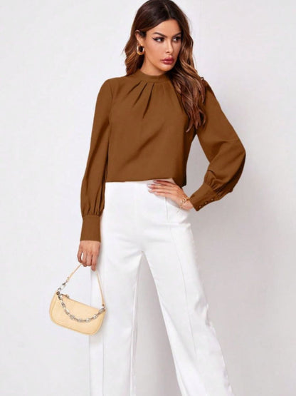 Ruched Mock Neck Long Sleeve Blouse | Elegant & Stylish Statement Piece