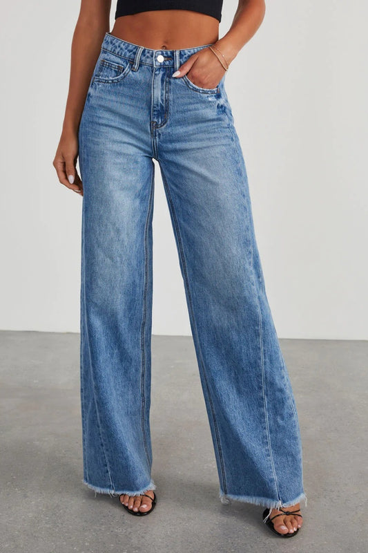 Raw Hem Wide Leg Jeans with Pockets | Chic & Comfortable Denim
