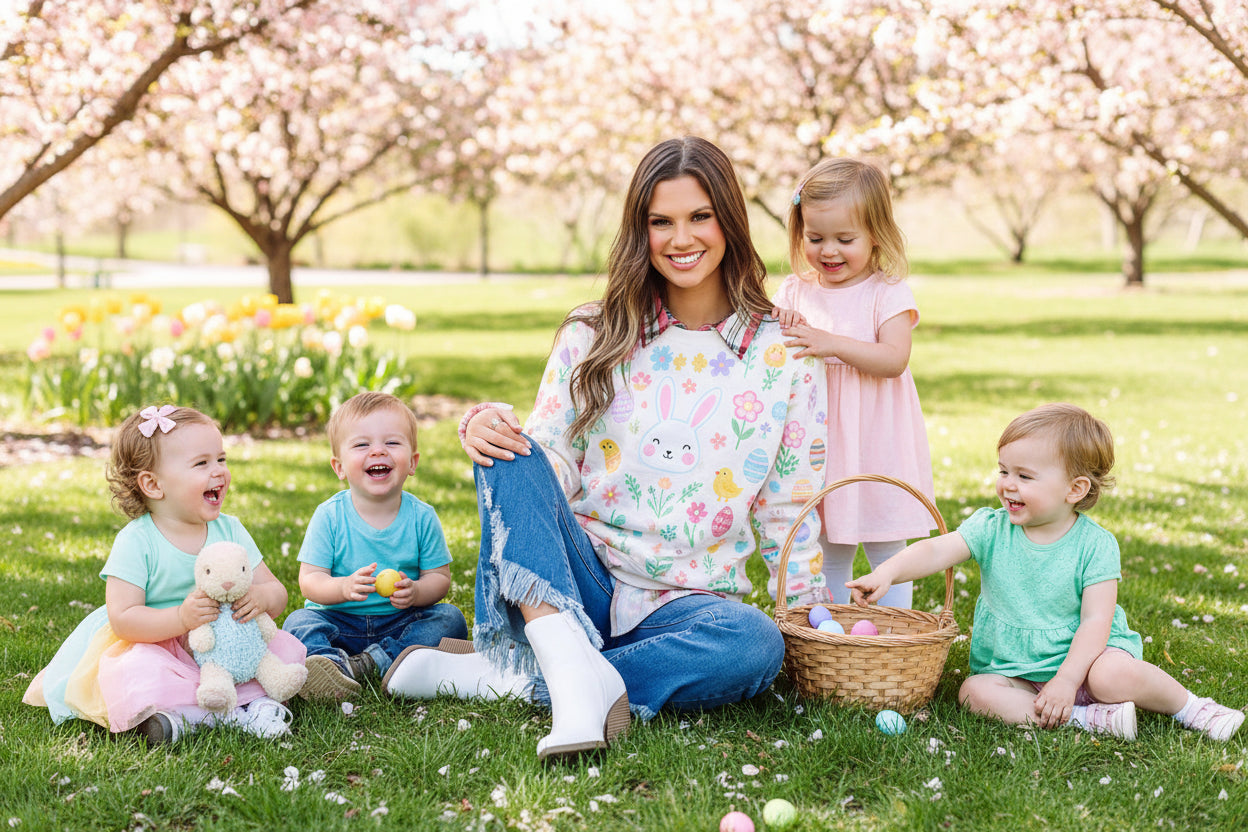 women wearing a sweet shirt of Easter Day in  beautiful day with her kids
