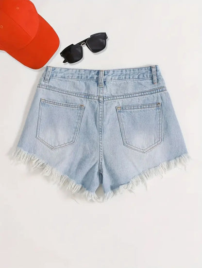 Pantalones cortos de mezclilla desgastados con cintura alta y cierre de botón y cremallera para mujer