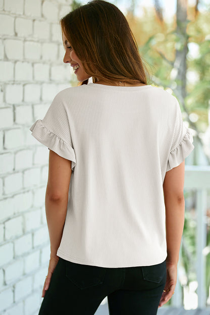 Blackish Green Solid Color Ribbed Ruffled Short Sleeve T Shirt