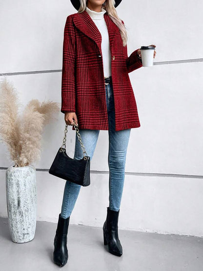 Plaid Collared Neck Long Sleeve Jacket | Chic & Cozy Outerwear