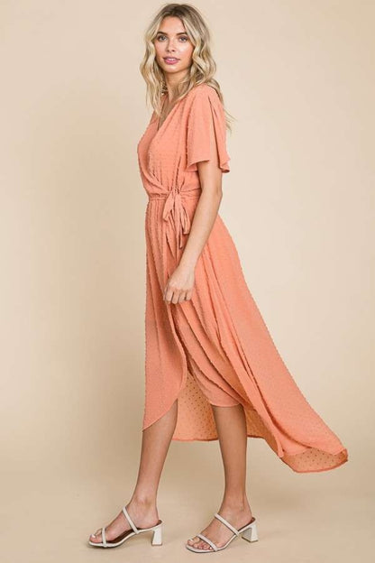 Culture Code Full Size Swiss Dot Tied Slit Short Sleeve Dress – Elegant & Chic