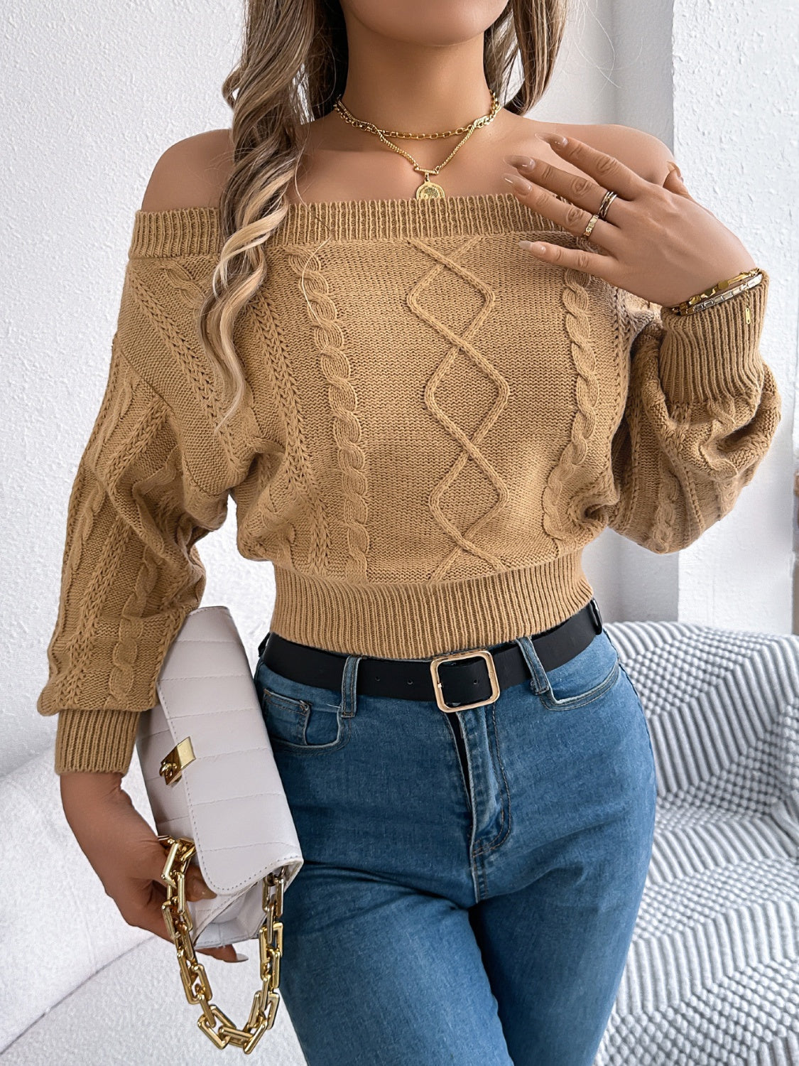 Cable Knit Off-Shoulder Sweater | Cozy & Chic Long Sleeve Knit