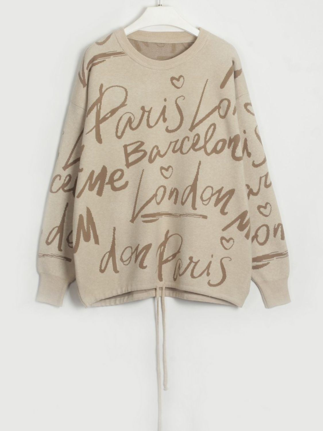 Drawstring Hem Letter Sweater | Trendy & Casual Dropped Shoulder Pullover