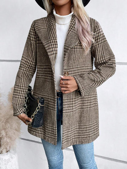 Plaid Collared Neck Long Sleeve Jacket | Chic & Cozy Outerwear