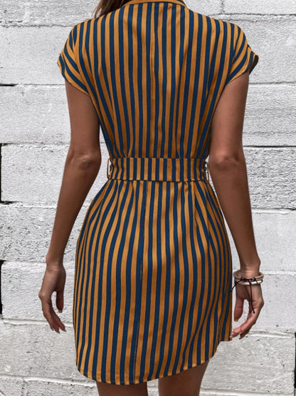 Tied Striped Cap Sleeve Mini Dress – Trendy & Stylish