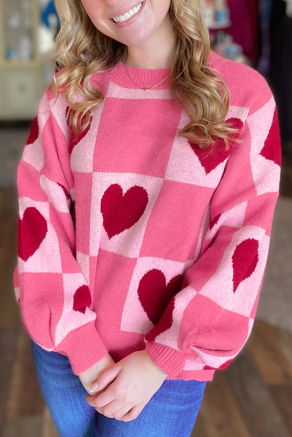 Pink Love Heart Checkered Valentine Knit Sweater