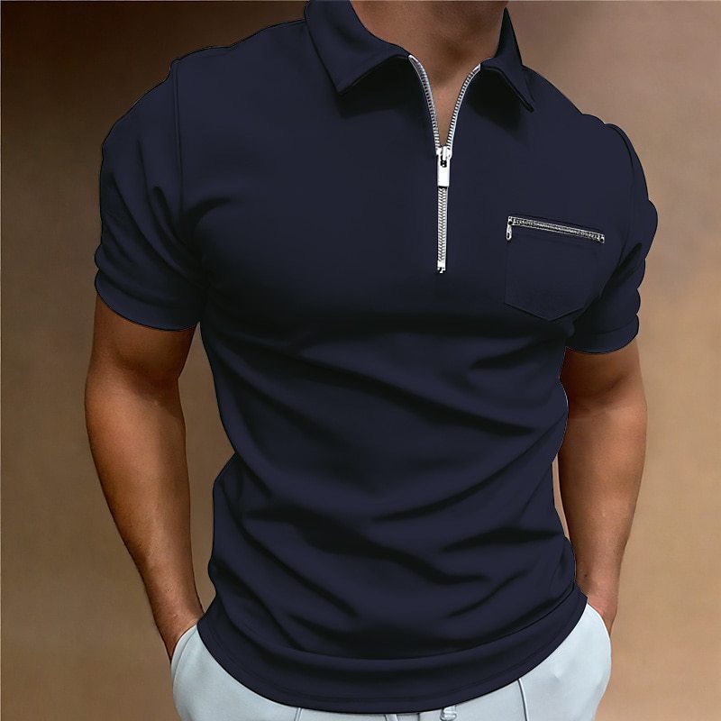 Camiseta de manga corta con solapa y bolsillo de color liso para hombre de verano