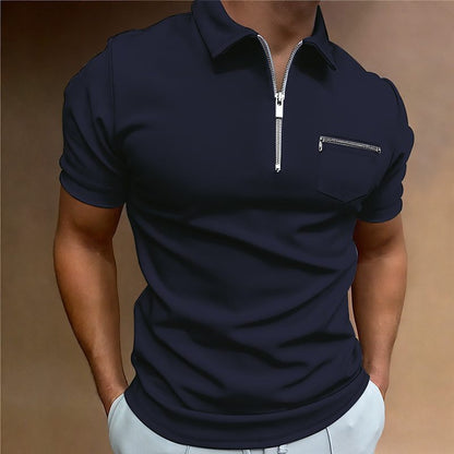 Camiseta de manga corta con solapa y bolsillo de color liso para hombre de verano