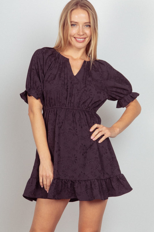 VERY J Floral Textured Woven Ruffled Mini Dress – Chic & Feminine