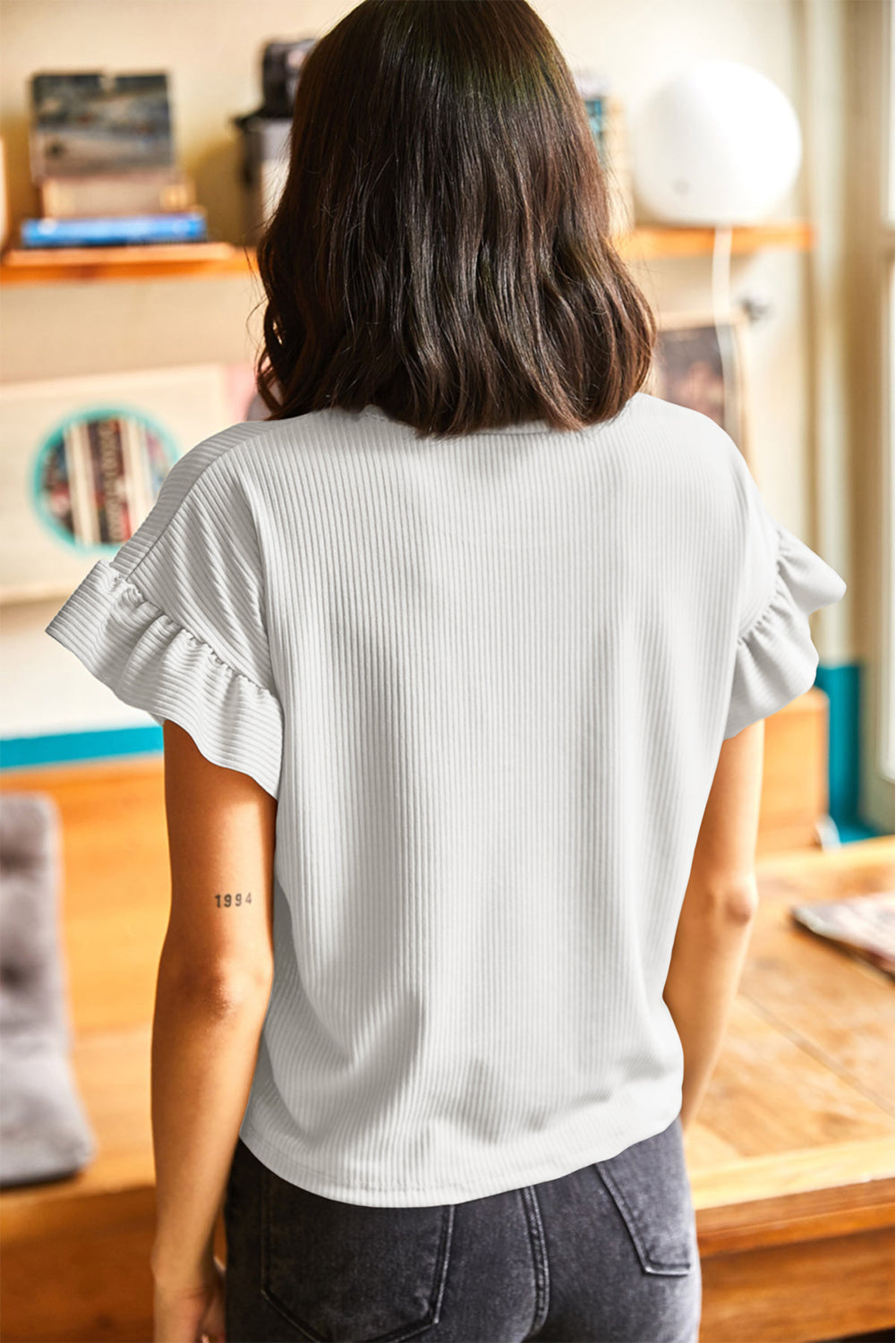 Blackish Green Solid Color Ribbed Ruffled Short Sleeve T Shirt