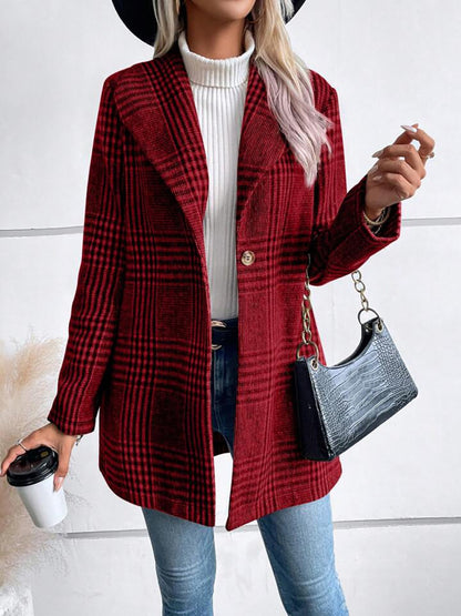 Plaid Collared Neck Long Sleeve Jacket | Chic & Cozy Outerwear
