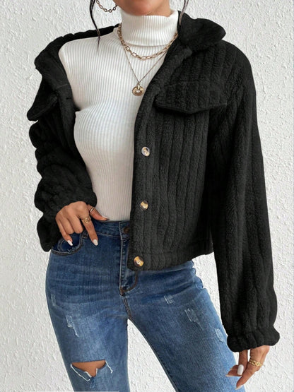 Title: Fuzzy Button-Up Collared Neck Jacket | Cozy & Stylish Outerwear