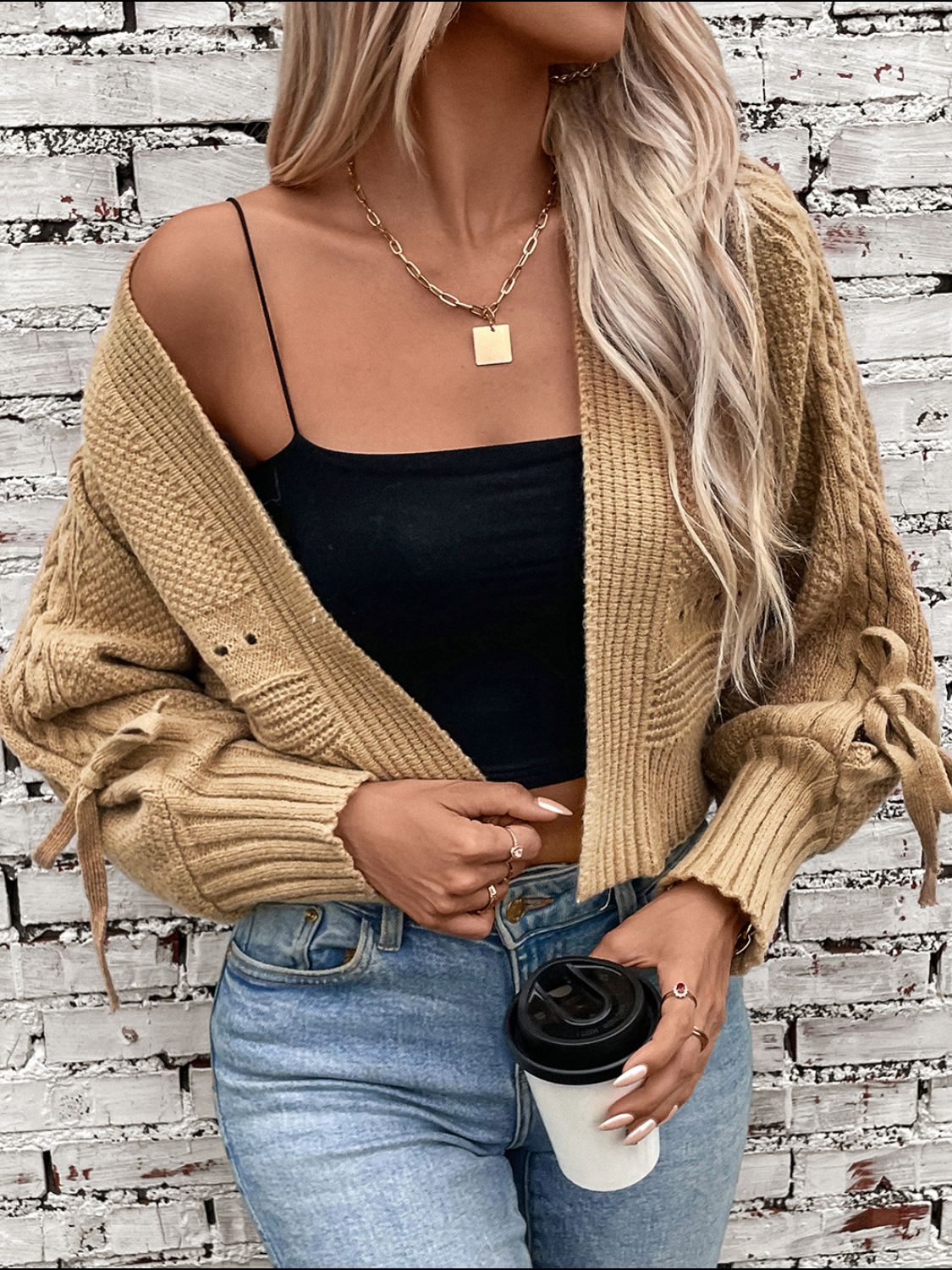 Cable-Knit Tied Open Front Cardigan | Cozy & Chic Lantern Sleeve Sweater