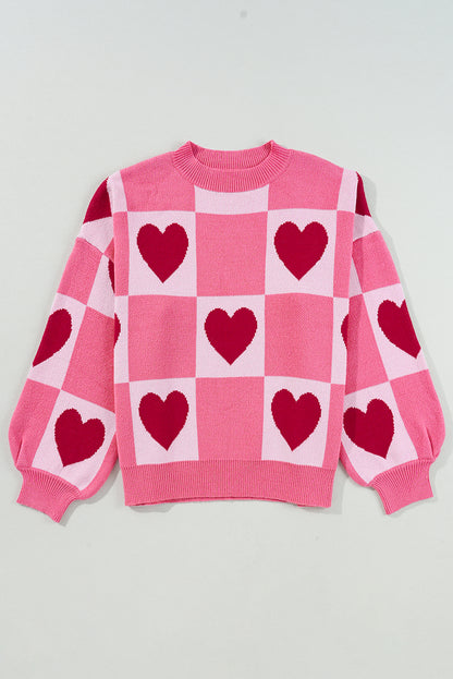 Pink Love Heart Checkered Valentine Knit Sweater