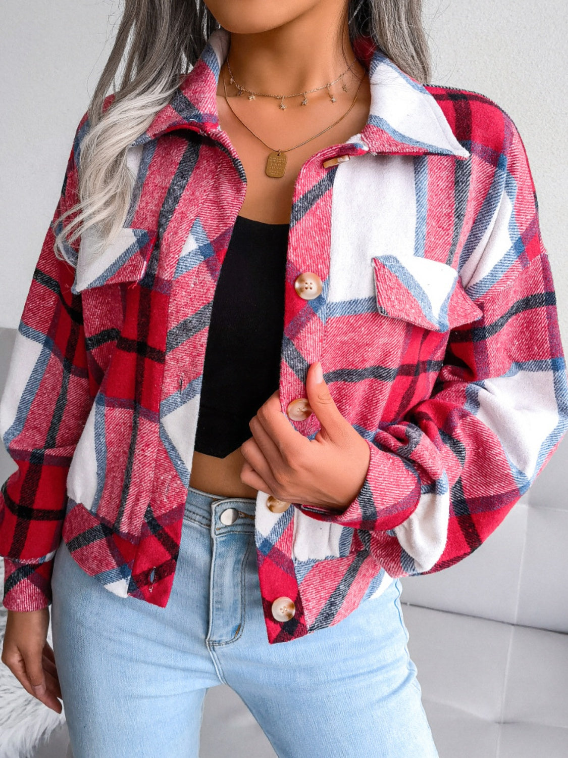Chaqueta de manga larga con cuello a cuadros