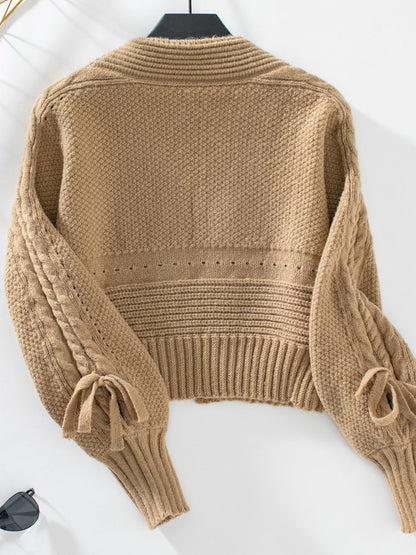 Cable-Knit Tied Open Front Cardigan | Cozy & Chic Lantern Sleeve Sweater