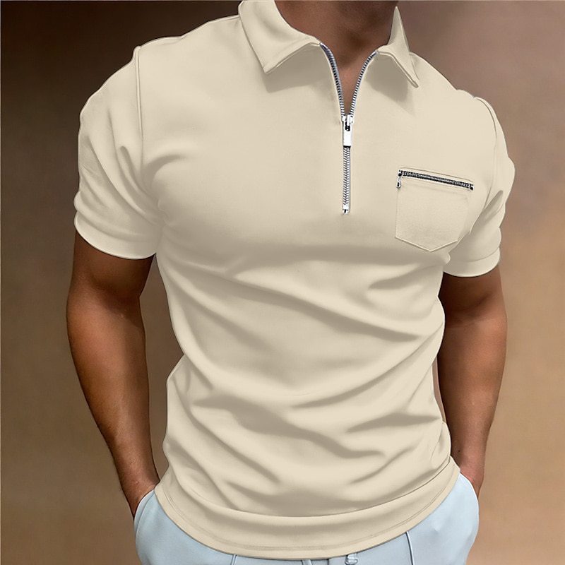 Camiseta de manga corta con solapa y bolsillo de color liso para hombre de verano