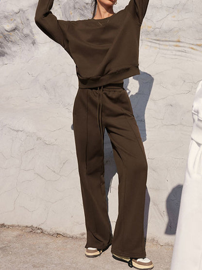 Conjunto de pantalón con cintura elástica y top de manga larga con cuello redondo