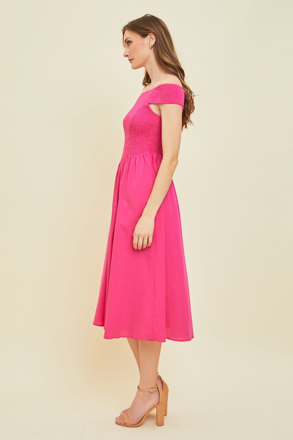 HEYSON Off-Shoulder Smocked Midi Dress – Chic & Elegant