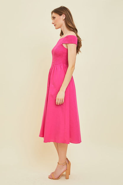 HEYSON Off-Shoulder Smocked Midi Dress – Chic & Elegant
