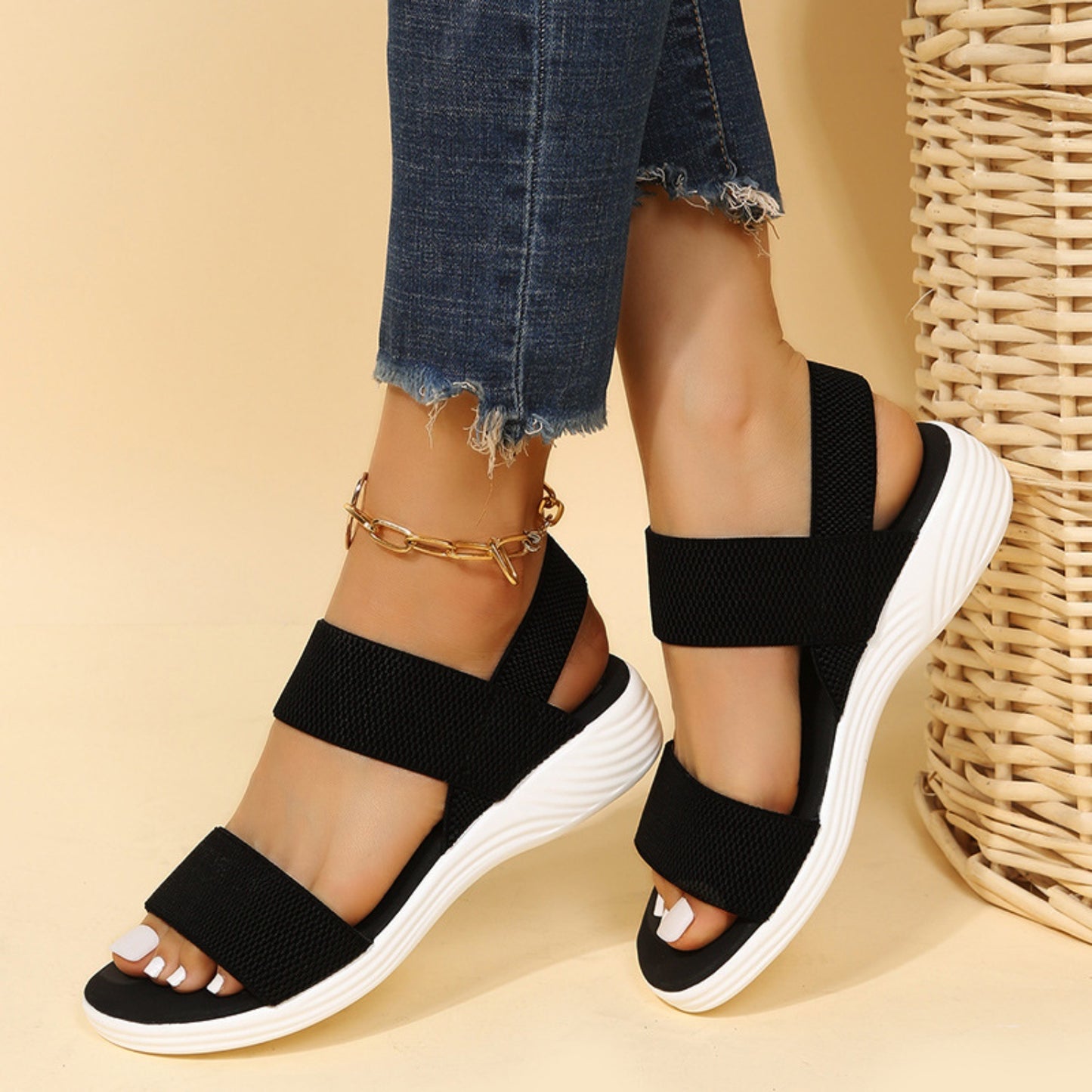 Rubber Open Toe Low Heel Sandals – Comfortable & Stylish