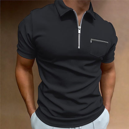 Camiseta de manga corta con solapa y bolsillo de color liso para hombre de verano