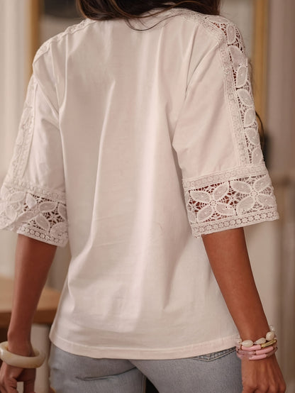 Exquisite Round-neck Short-sleeve Batwing Hollow Lace Trim Blouse
