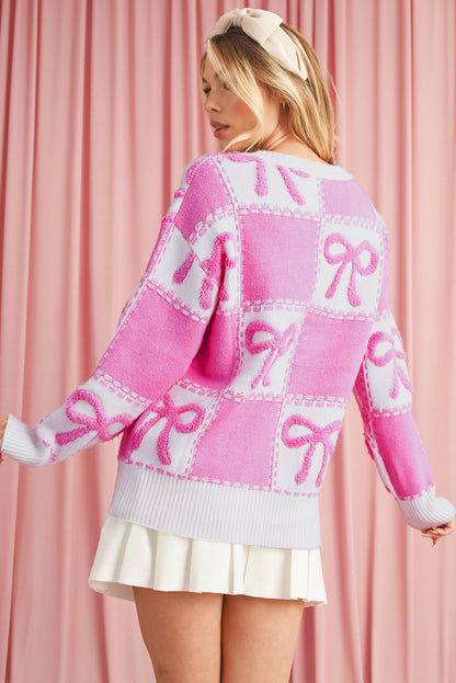 Pink Sweet Bow Two Tone Checkered Sweater