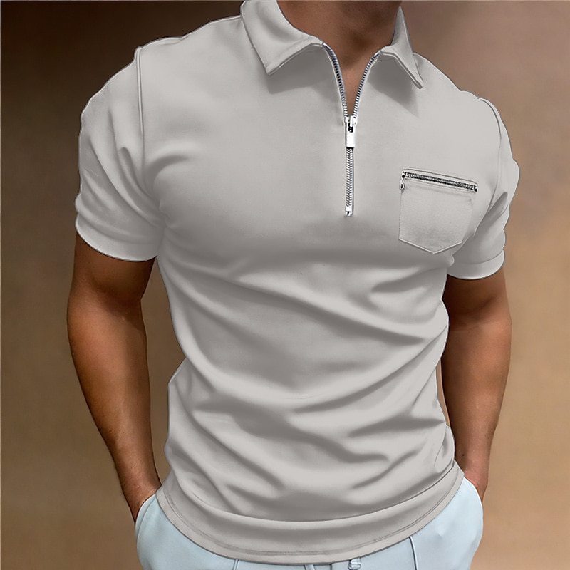 Camiseta de manga corta con solapa y bolsillo de color liso para hombre de verano