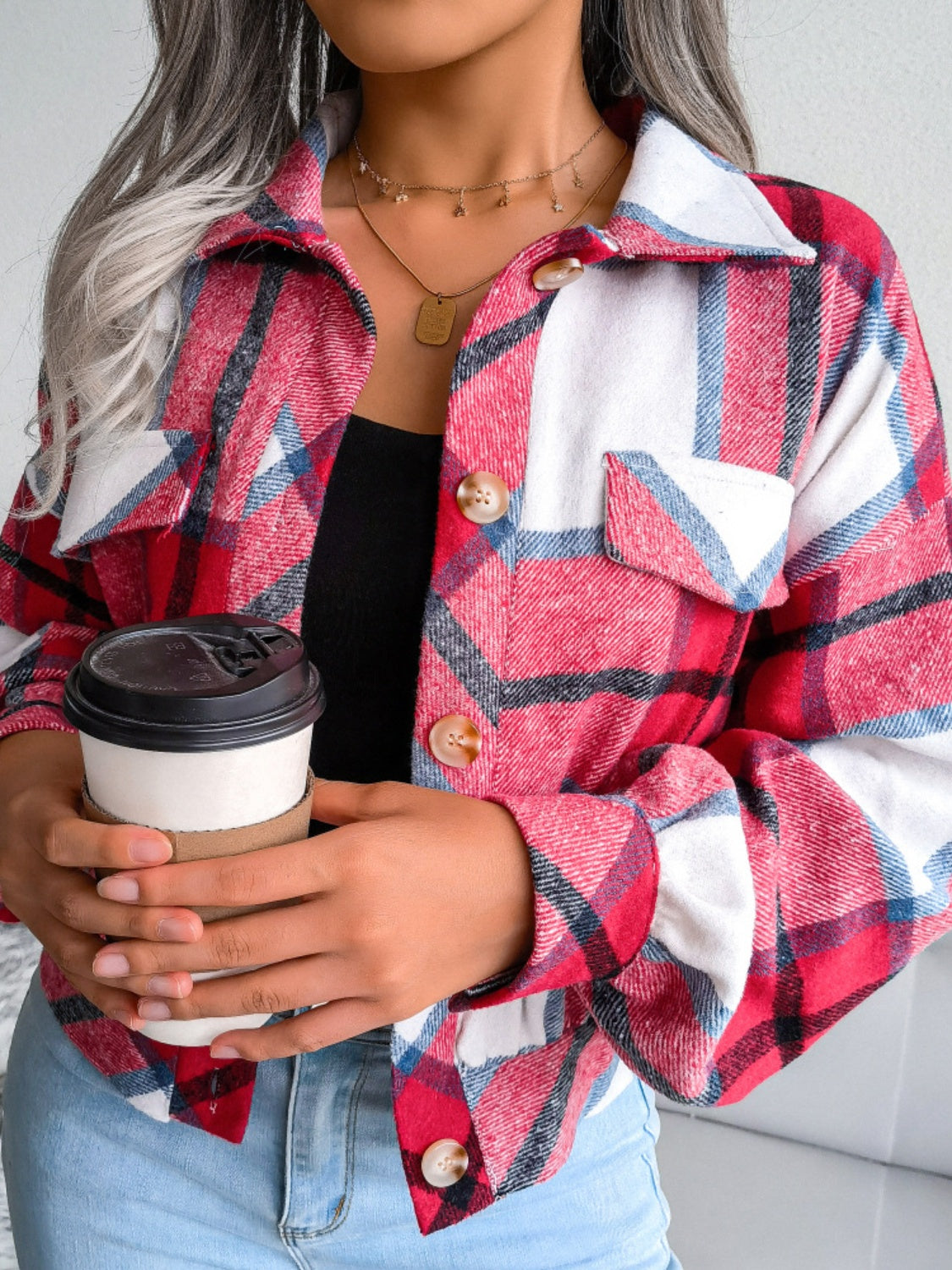 Plaid Collared Neck Long Sleeve Jacket | Timeless & Cozy Outerwear