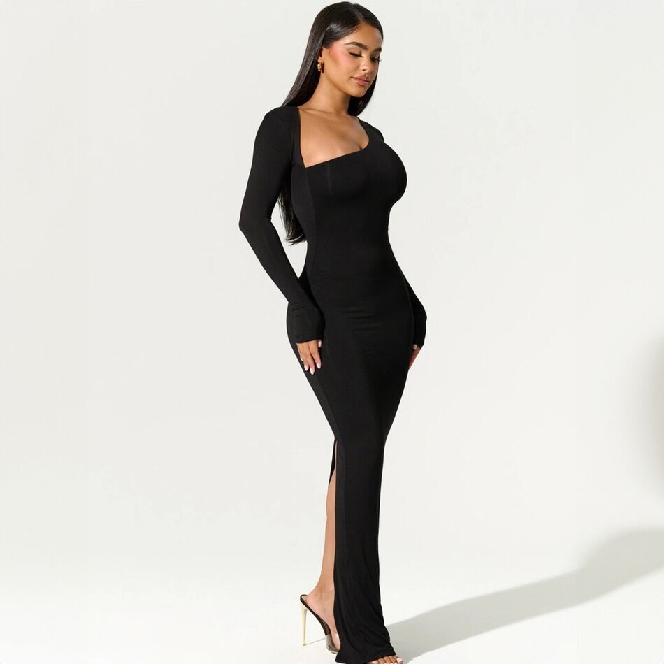 Long-Sleeved Slim-Fit Sloping Neck Dress with Slit Back