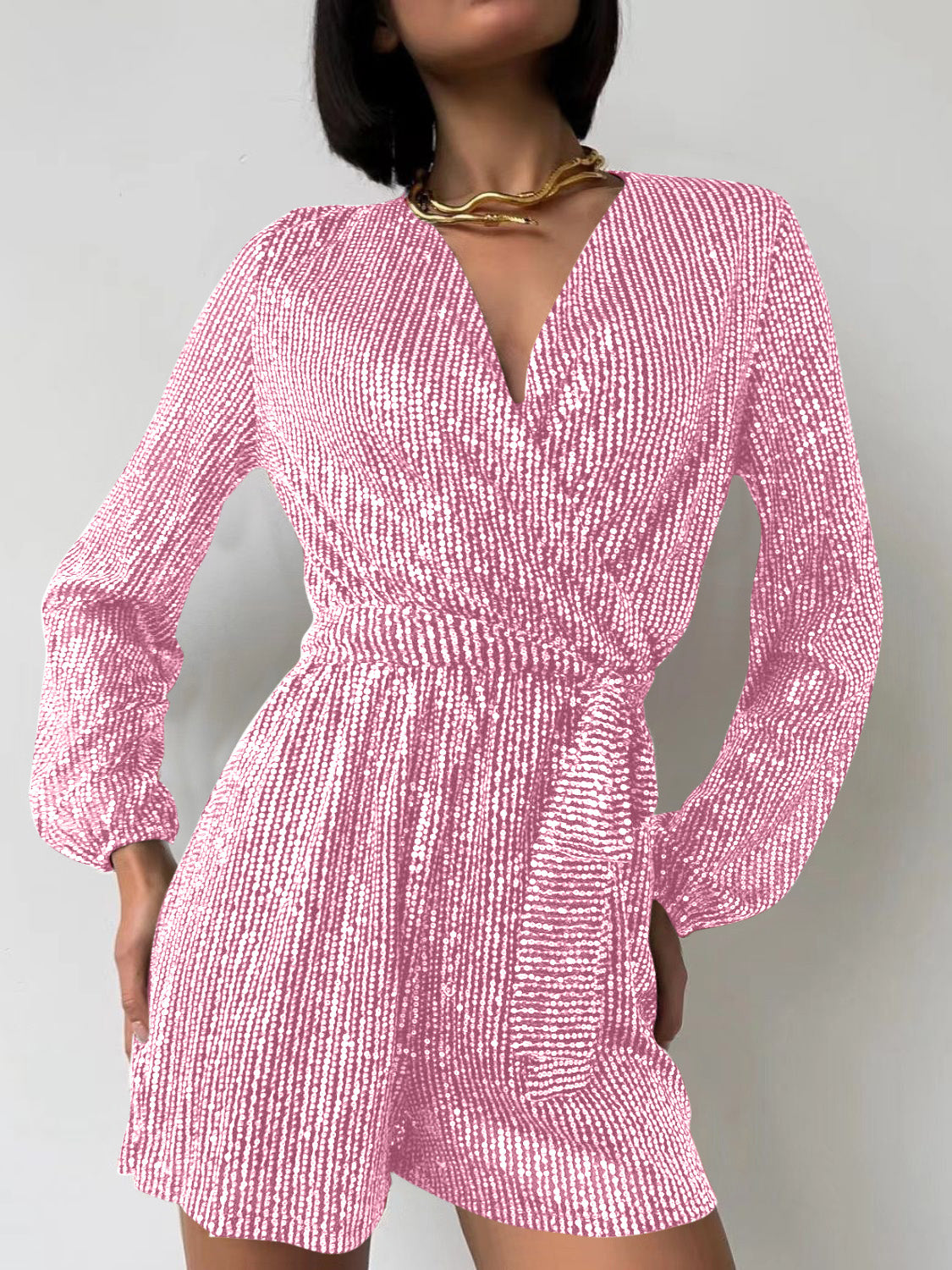 Full Size Sequin Surplice Romper | Glamorous Tie-Waist Long Sleeve One-Piece