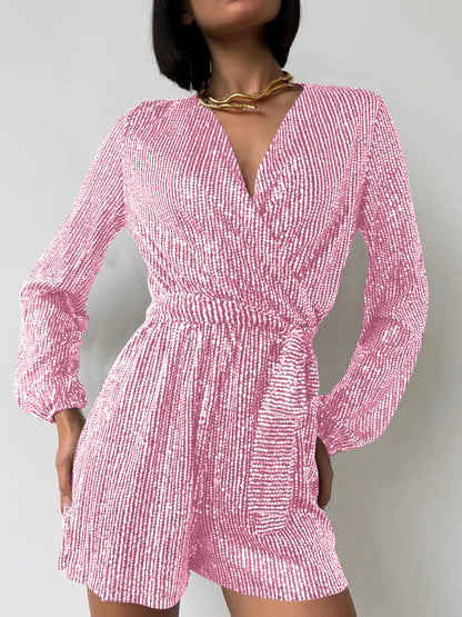 Full Size Sequin Surplice Romper | Glamorous Tie-Waist Long Sleeve One-Piece