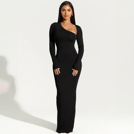 Long-Sleeved Slim-Fit Sloping Neck Dress with Slit Back