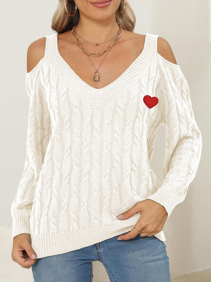 Cable-Knit Heart V-Neck Sweater | Cozy & Charming Knitwear