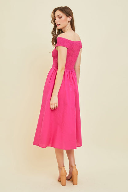 HEYSON Off-Shoulder Smocked Midi Dress – Chic & Elegant