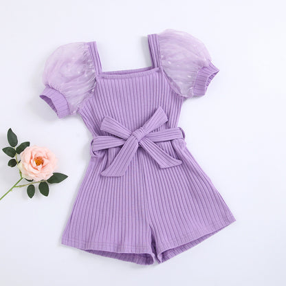 Girls' Square Collar Puff Sleeve Jumpsuit with Belt Elegant & Adorable