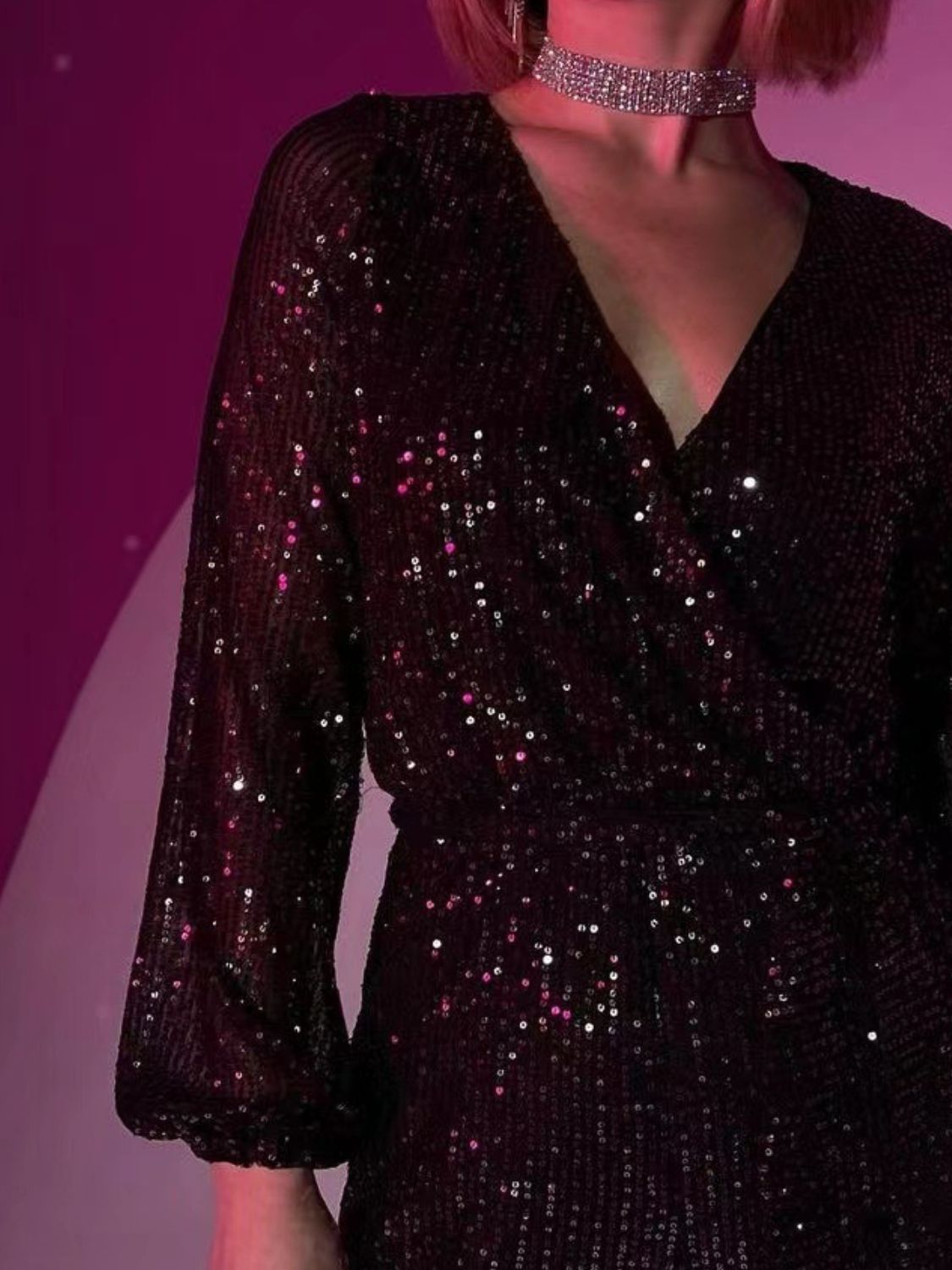 Full Size Sequin Surplice Romper | Glamorous Tie-Waist Long Sleeve One-Piece